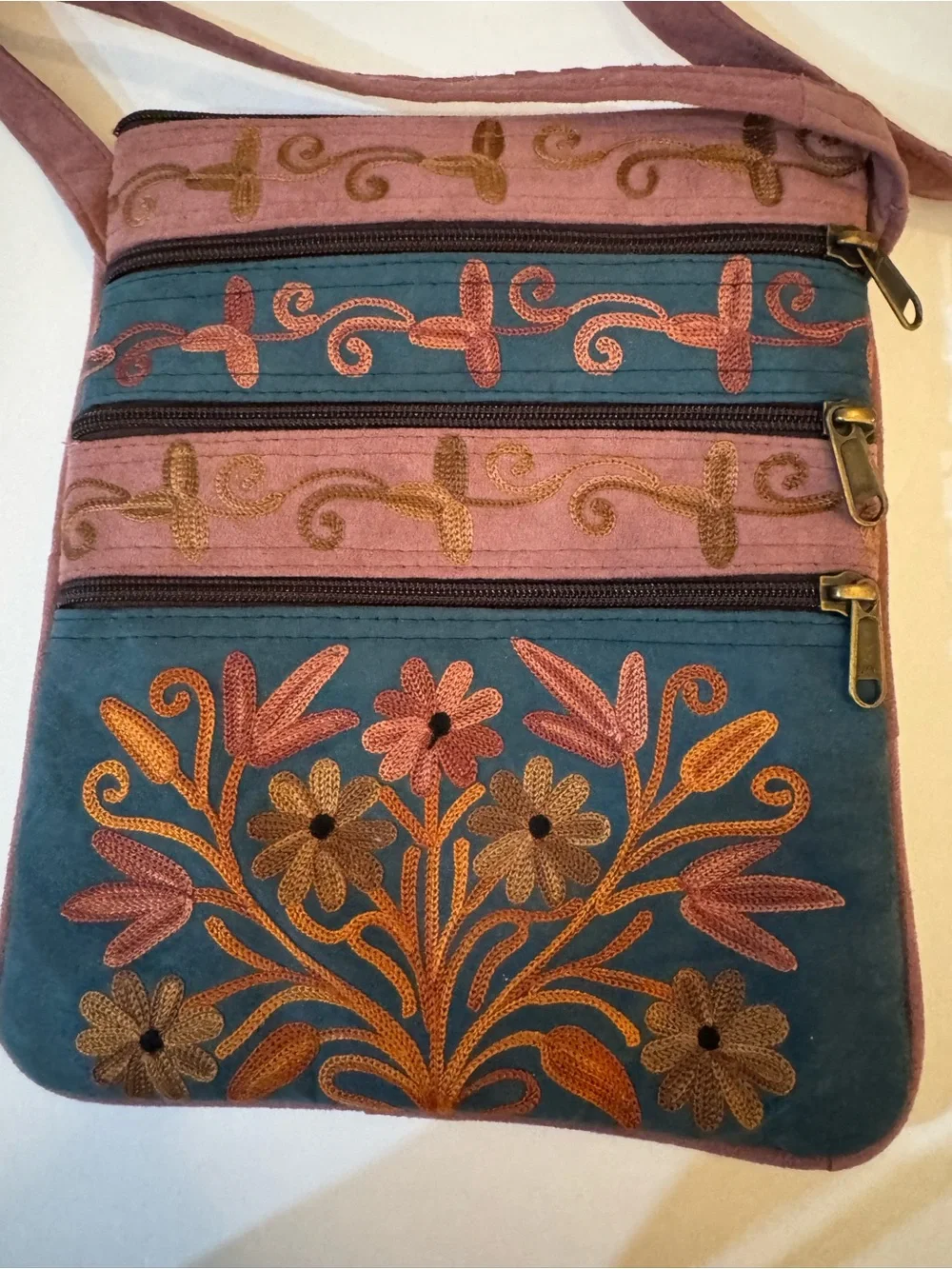 Embroidered Suede Crossbody Handbag